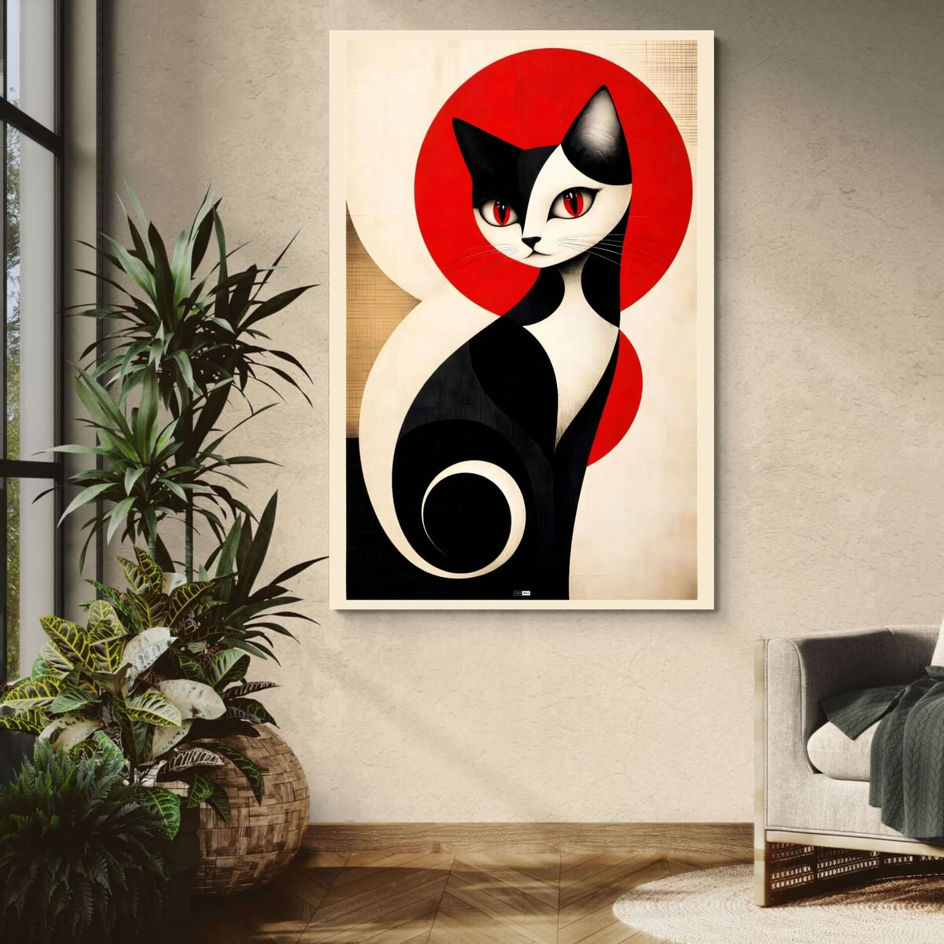 Crimson Cat Muse | Tableau Chat Abstrait Premium