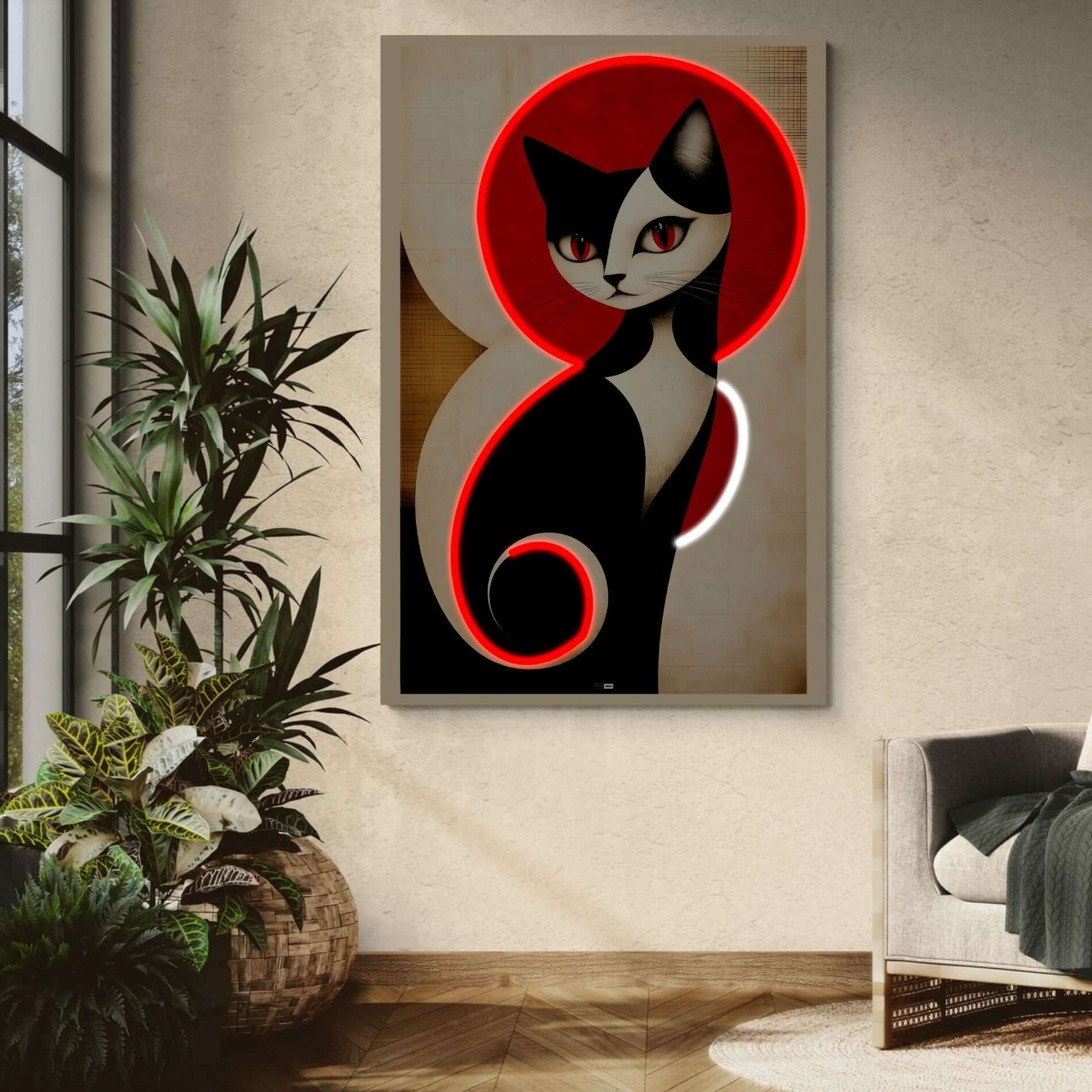 Crimson Cat Muse | Tableau Chat Abstrait Premium