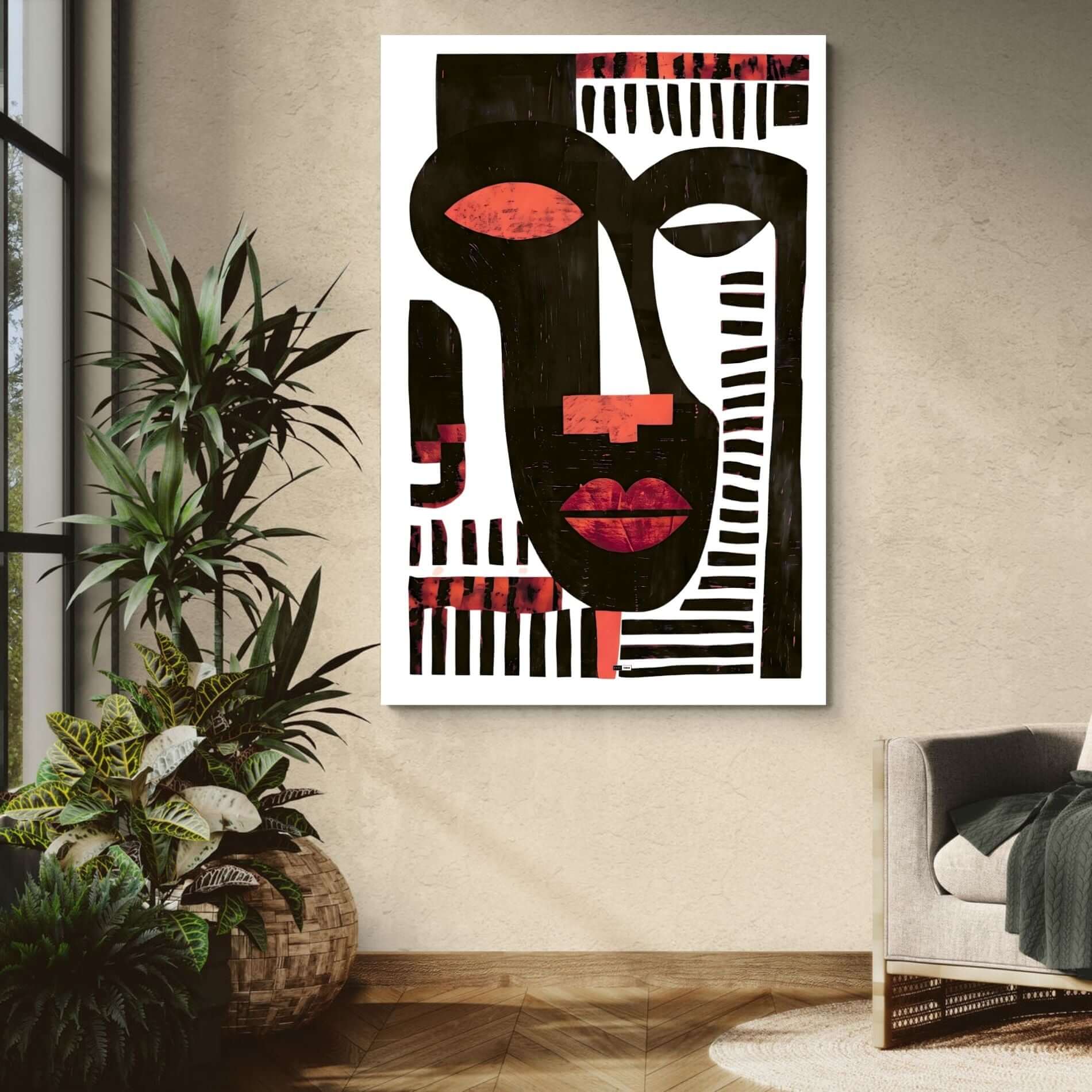Tribal Echo Face | Tableau Abstrait Visage Premium