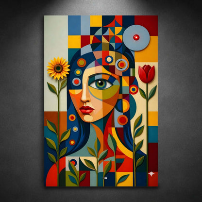 Cubist Bloom Face | Tableau Visage Abstrait Premium