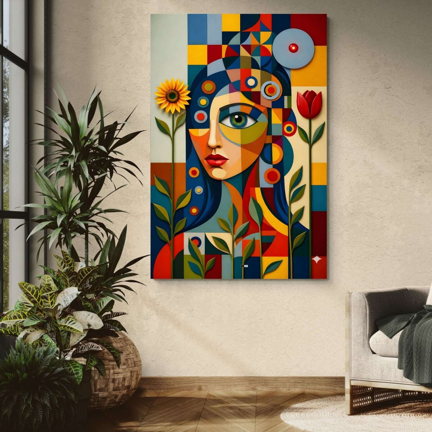 Cubist Bloom Face | Tableau Visage Abstrait Premium