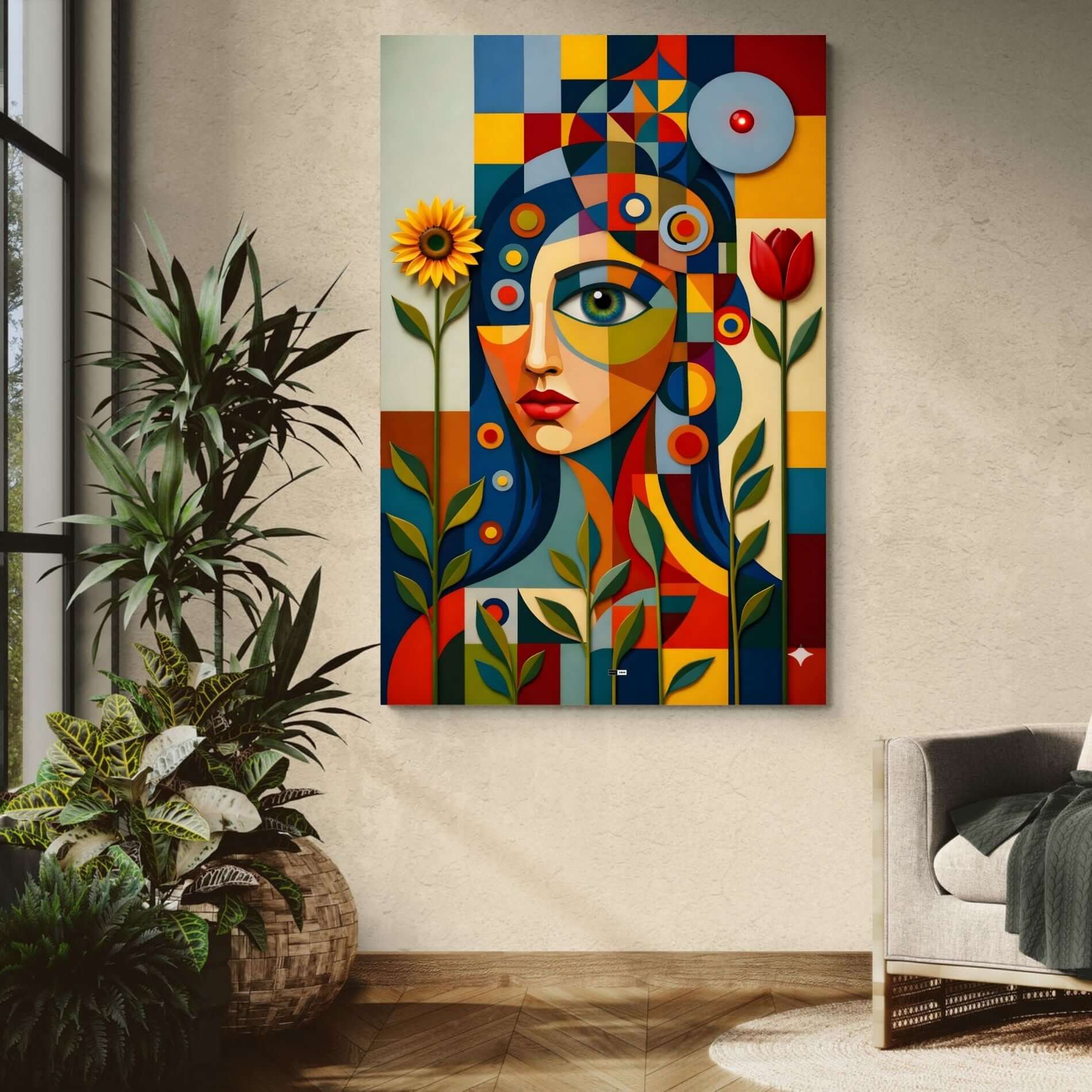 Cubist Bloom Face | Tableau Visage Abstrait Premium