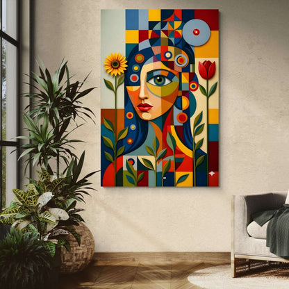 Cubist Bloom Face | Tableau Visage Abstrait Premium