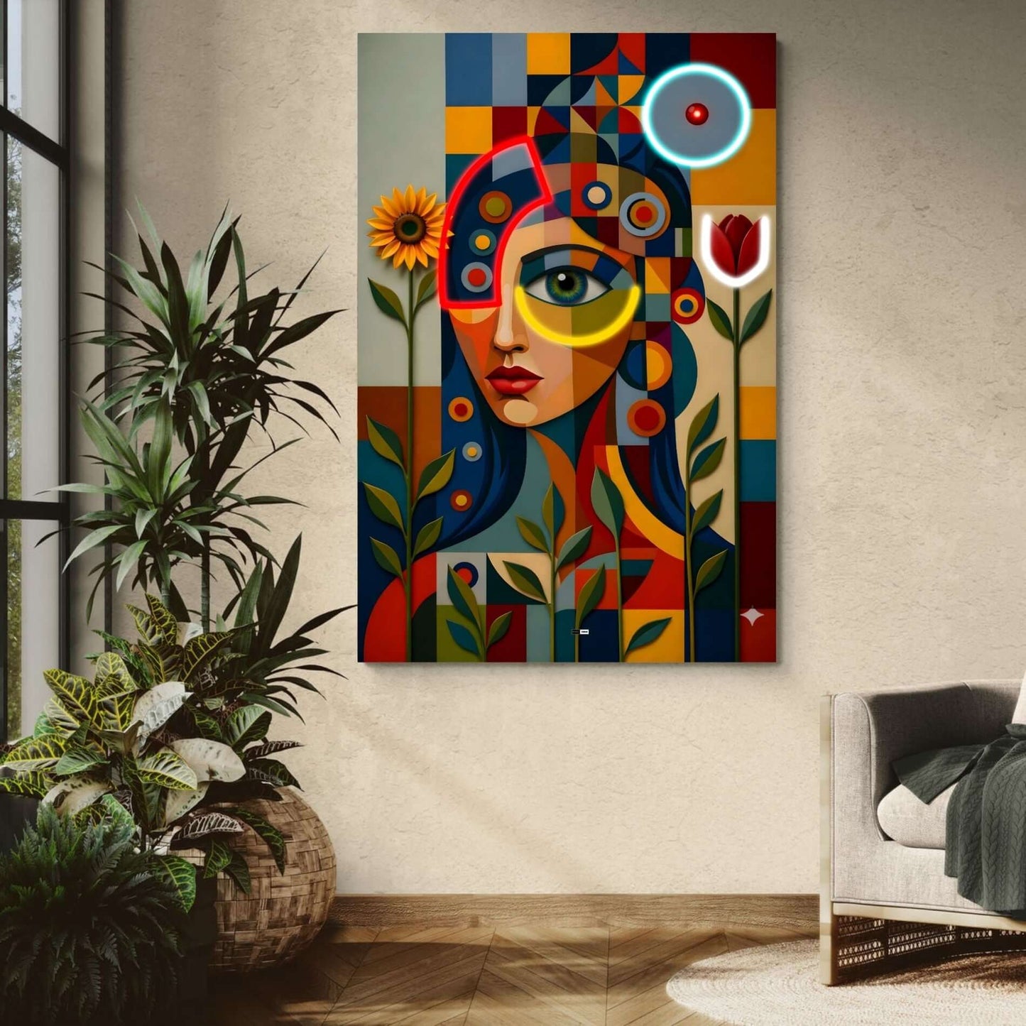Cubist Bloom Face | Tableau Visage Abstrait Premium