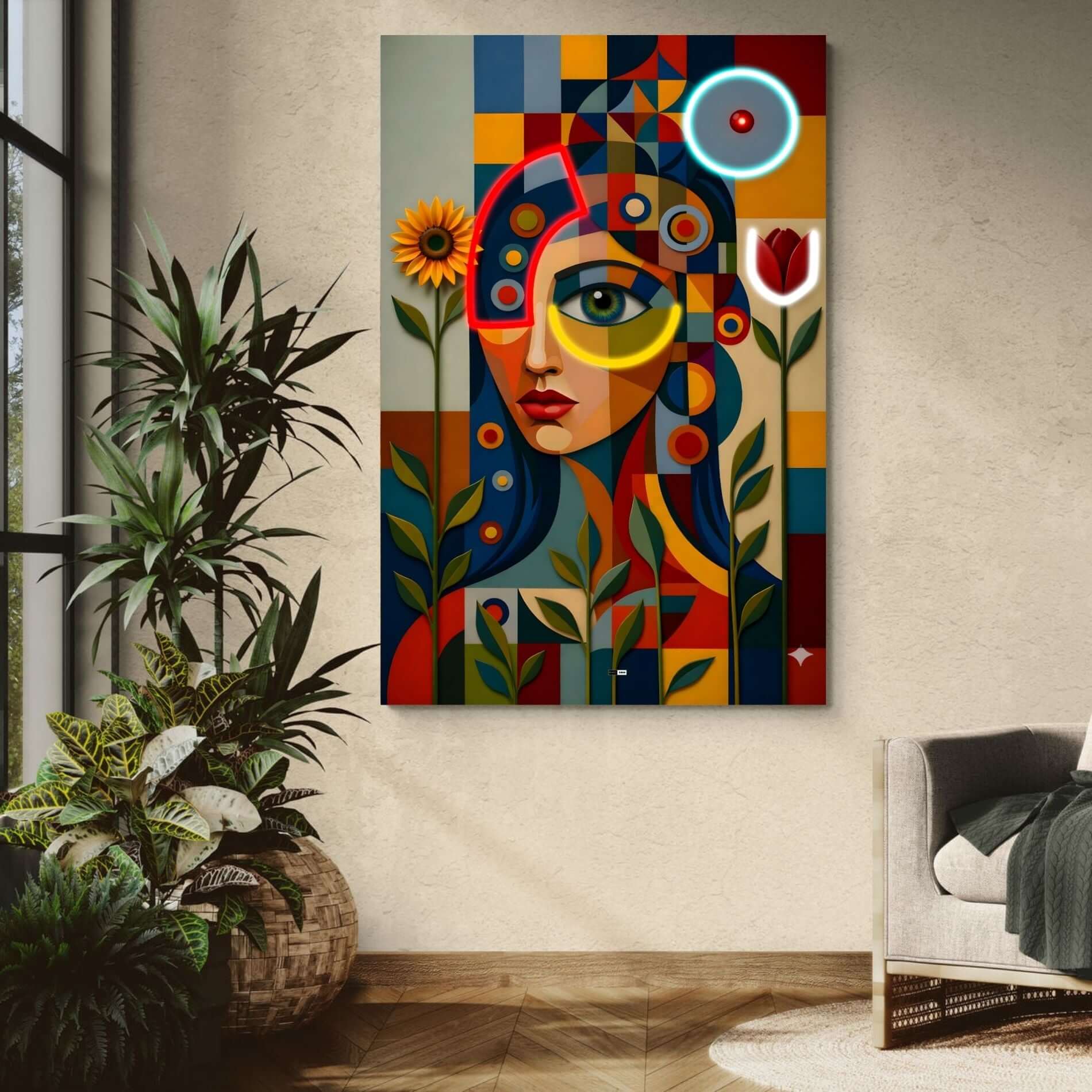 Cubist Bloom Face | Tableau Visage Abstrait Premium