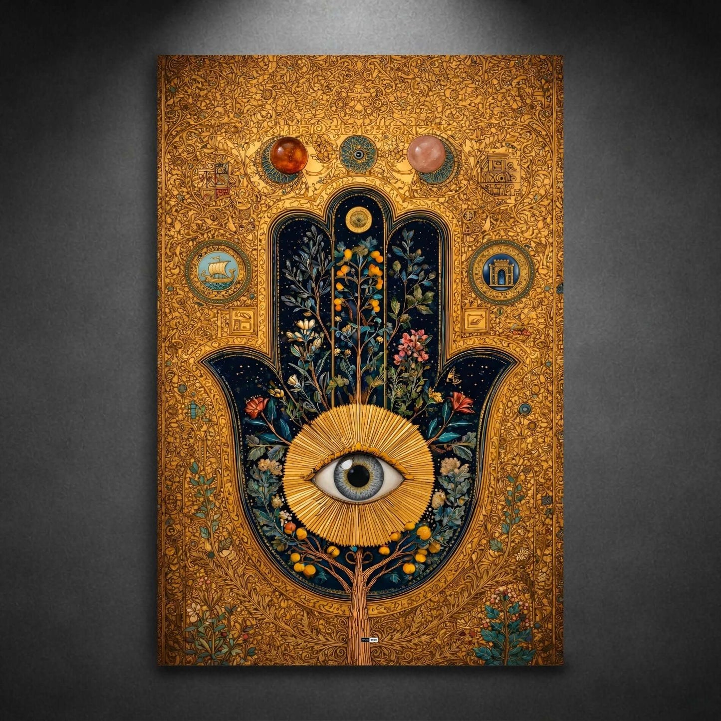Golden Hamsa Bloom | Tableau Abstrait Doré Premium