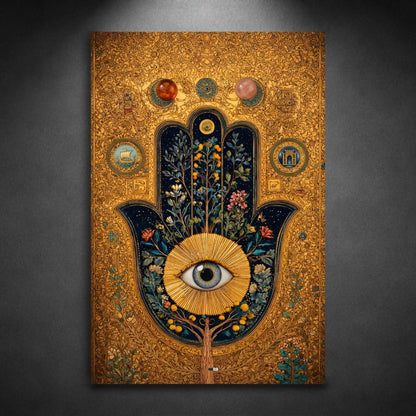 Golden Hamsa Bloom | Tableau Abstrait Doré Premium