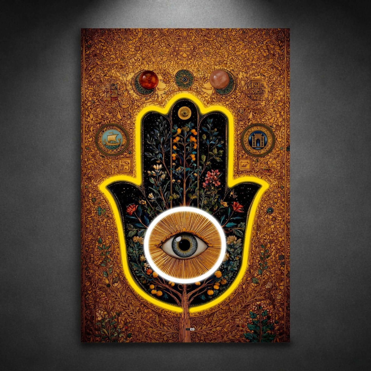 Golden Hamsa Bloom | Tableau Abstrait Doré Premium