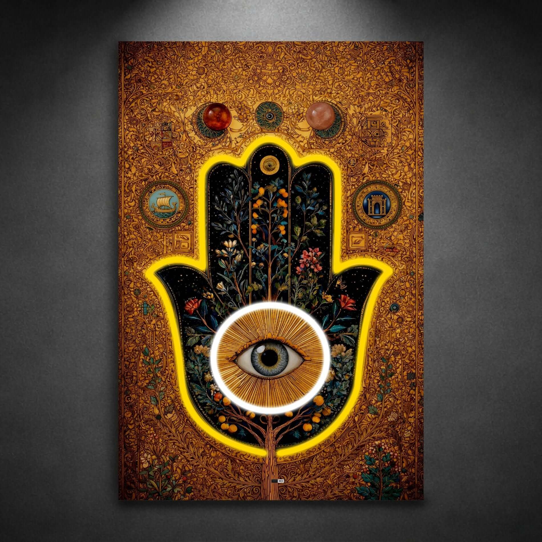Golden Hamsa Bloom | Tableau Abstrait Doré Premium