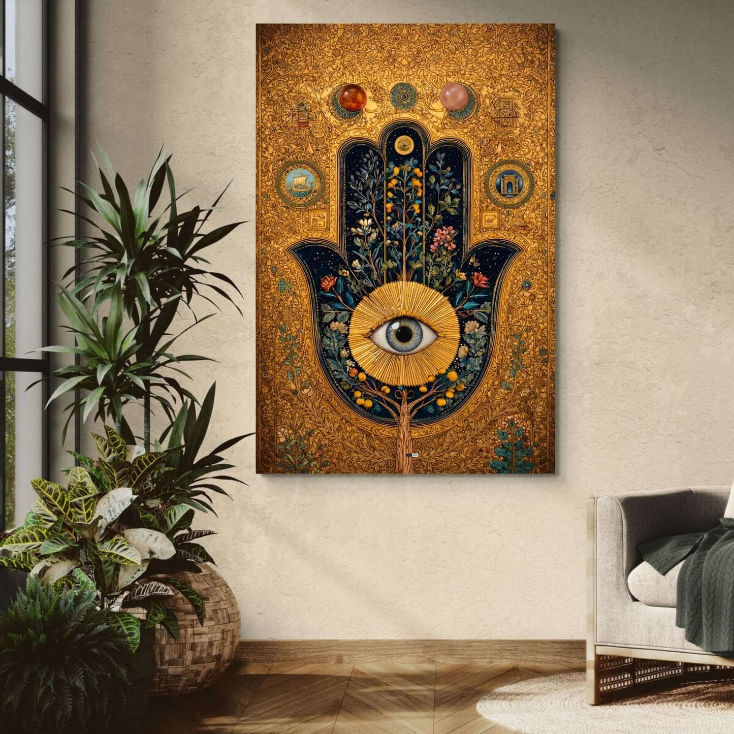 Golden Hamsa Bloom | Tableau Abstrait Doré Premium