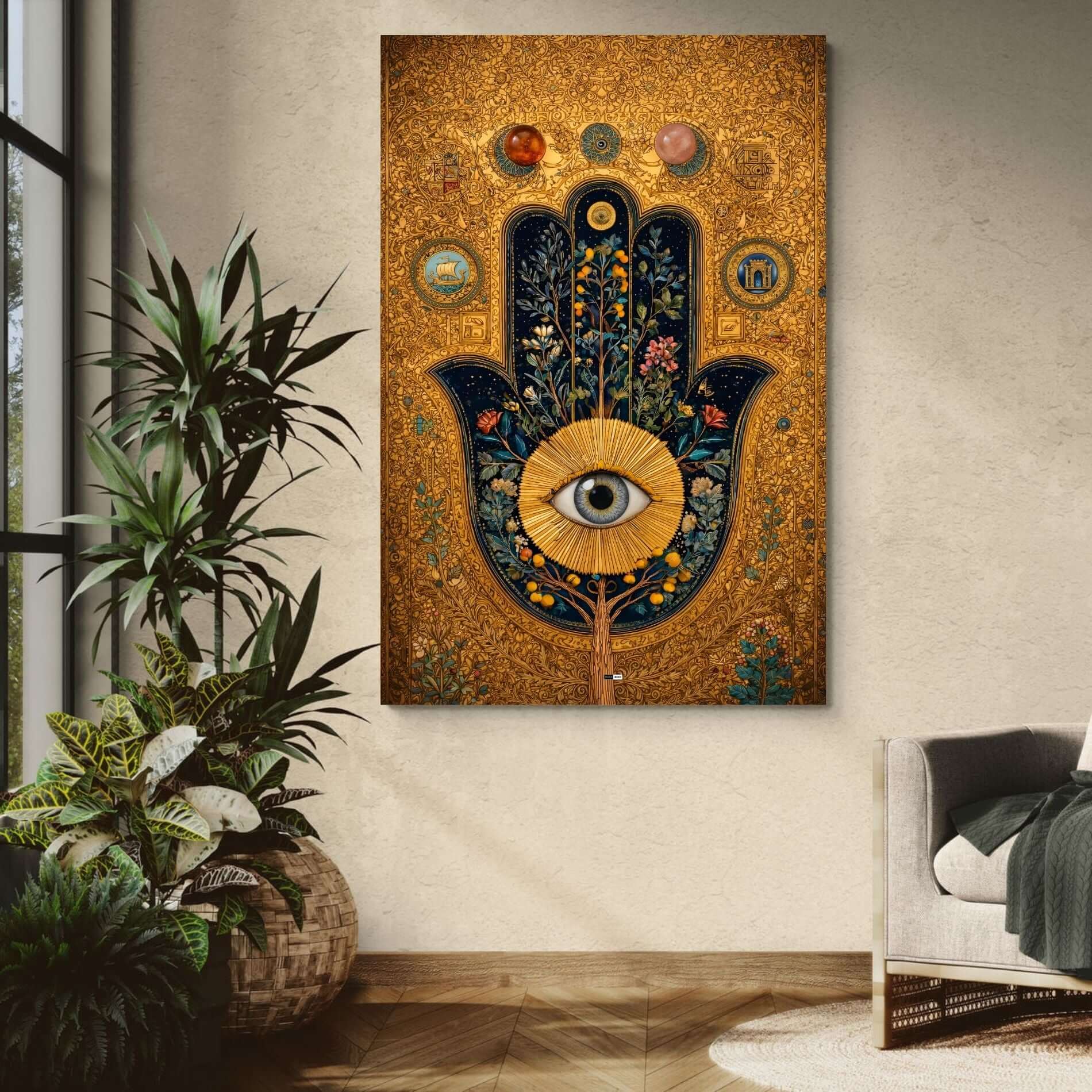Golden Hamsa Bloom | Tableau Abstrait Doré Premium