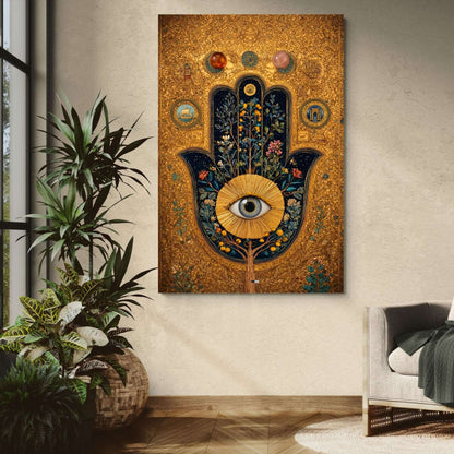 Golden Hamsa Bloom | Tableau Abstrait Doré Premium