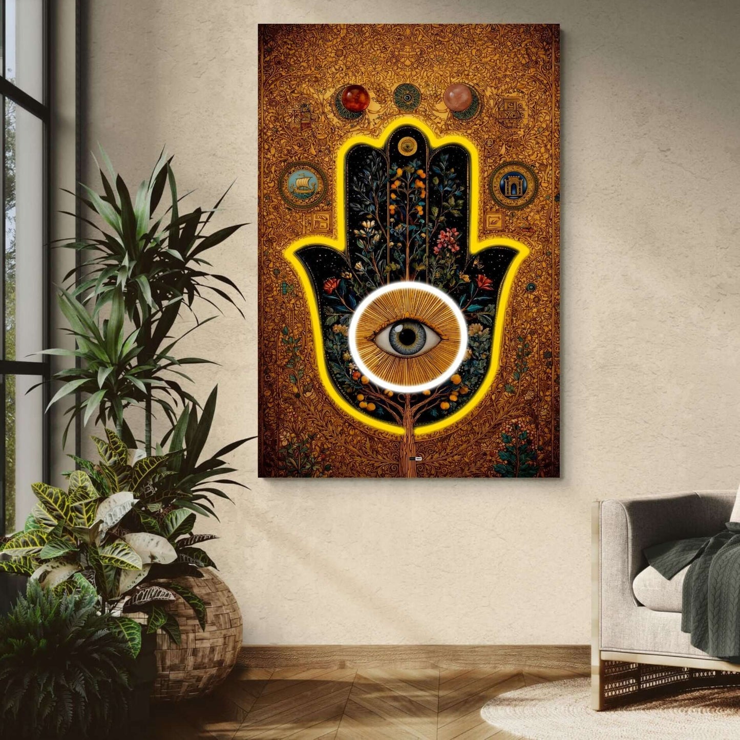Golden Hamsa Bloom | Tableau Abstrait Doré Premium