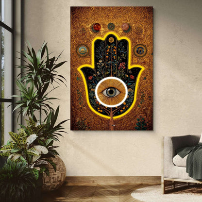 Golden Hamsa Bloom | Tableau Abstrait Doré Premium
