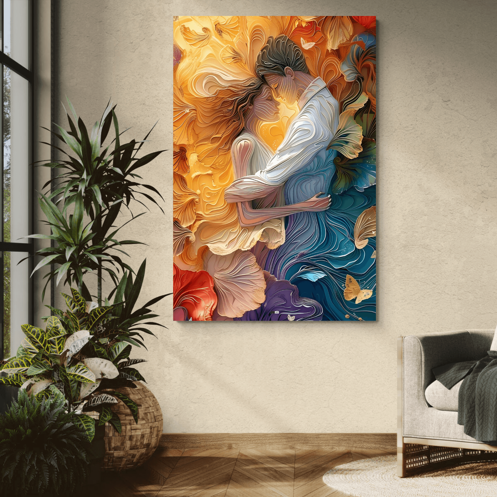 Golden Embrace | Tableau Couple Abstrait Premium